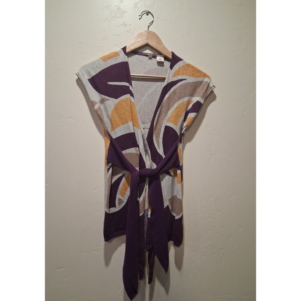 Anthropologie Moth Purple Yellow Leaf Knit Sash Cardigan Size S Cap Sleeves Soft